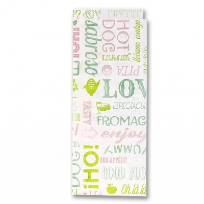 Pano de cozinha branco com palavras coloridas relacionadas com comida