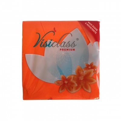 Pacote de guardanapos de papel laranja Visiclass com flores e texto promocional