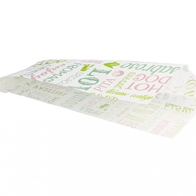 Embalagem de papel translúcido com estampas coloridas, palavras relacionadas a pizza