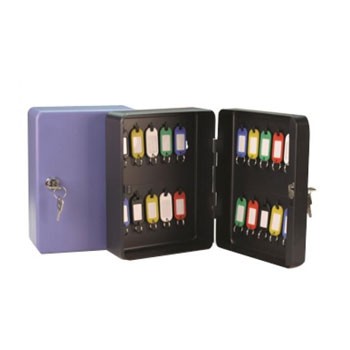 Cofre metálico roxo com porta preta aberta e porta-chaves coloridos dentro