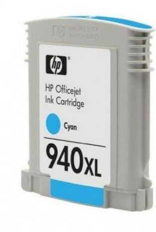 Cartucho de tinta HP Officejet 940XL ciano com etiqueta branca e azul clara.