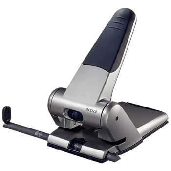 Furador metálico prateado com alça preta e barra ajustável