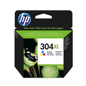Cartucho de tinta HP 304XL tri-colour com embalagem preta e verde