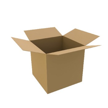 Caixa de cartão castanha aberta com quatro abas visíveis