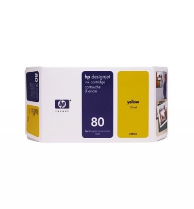 Cartucho de tinta HP Designjet amarelo modelo 80 em embalagem branca e azul