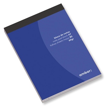 Bloco de notas azul A7 com 80 folhas e texto impresso na capa