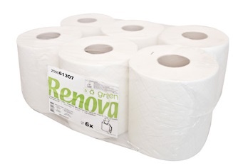 Pack de 6 rolos de papel higiénico branco Renova em embalagem plástica transparente