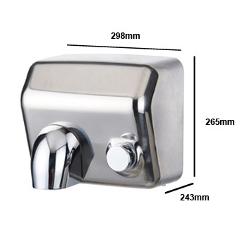 Secador de mãos metálico cromado com botão, medidas indicadas