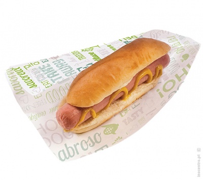 Hot dog com salsicha e mostarda em pão sobre papel com texto colorido