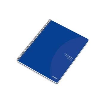 caderno azul com espiral e texto branco