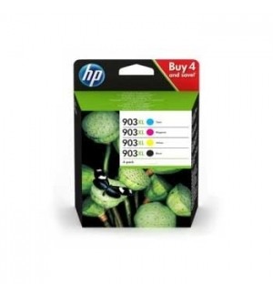 Pacote com 4 tinteiros HP 903XL coloridos em embalagem preta com plantas e texto promocional.