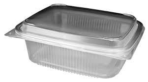 Embalagem plástica transparente com tampa articulada e ranhuras verticais