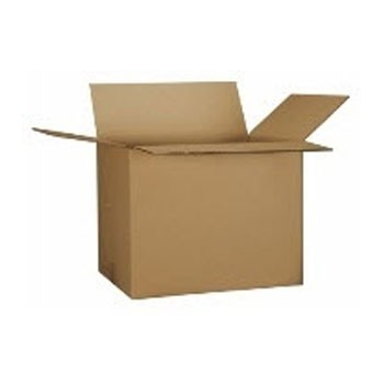 Caixa de cartão castanha aberta sobre fundo branco