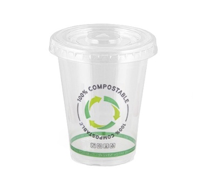 Copo plástico transparente com tampa e símbolo 100% compostável