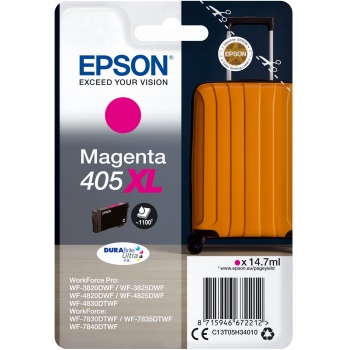 Cartucho de tinta Epson Magenta 405 XL para impressora com embalagem e mala laranja