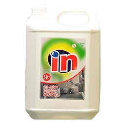 Recipiente plástico branco de 5 litros com etiqueta colorida e logo 'in'