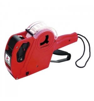 Marcador de etiquetas manual vermelho com visor transparente e alça preta