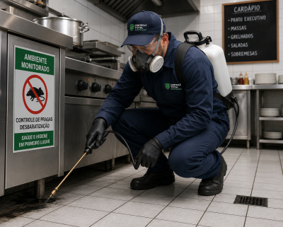 Técnico de dedetização a aplicar produto em cozinha industrial com sinal de controlo de pragas.