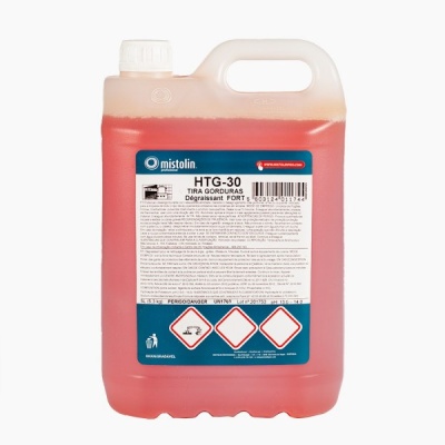 Recipiente de líquido de limpeza Mistolin HTG-30 TIRA GORDURAS com rótulo e símbolos de advertência