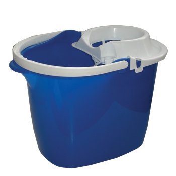 Balde de plástico azul com compartimento branco para escorrer