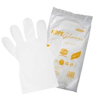 Luvas descartáveis brancas e embalagem translúcida com texto amarelo