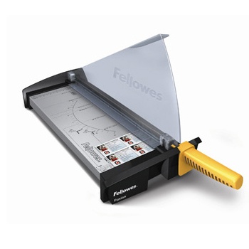 Guilhotina de papel Fellowes com cabo amarelo e base metálica cinzenta