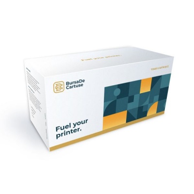 Caixa branca para cartuchos de impressora com design azul e amarelo e textos promocionais