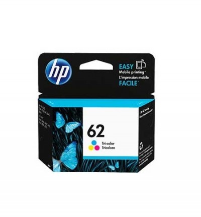 Caixa de tinteiro HP 62 Tri-color com borboletas azuis e texto em várias línguas
