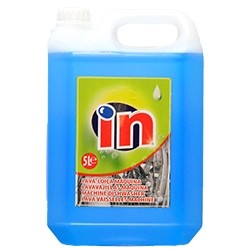 Galão de líquido azul com rótulo verde e amarelo e logo 'in' vermelho e branco