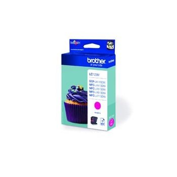Cartucho de tinta Brother LC123M magenta com embalagem azul e branco e imagem de cupcake