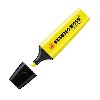 Marcador de texto amarelo Stabilo Boss Original com tampa preta removida
