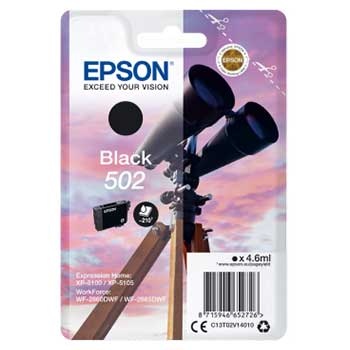 Cartucho de tinta Epson preto 502 em embalagem com imagem de binóculos e céu ao pôr do sol