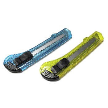 Dois cortadores de caixas azuis e amarelo com lâmina e botão preto.