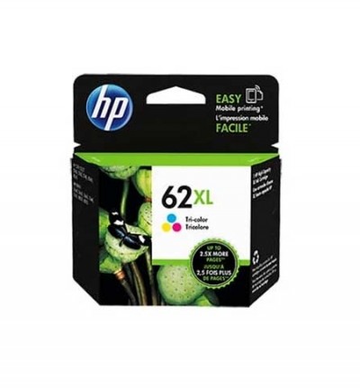 Cartucho de tinta HP 62XL Tri-color em embalagem preta com detalhes verdes