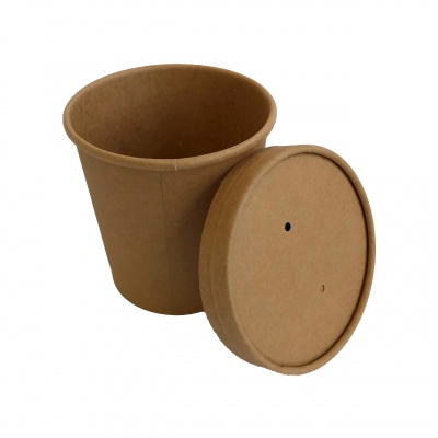 Copo descartável de papel castanho com tampa na horizontal