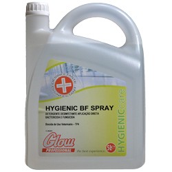 Recipiente branco com rótulo Hygienic BF Spray e texto em português