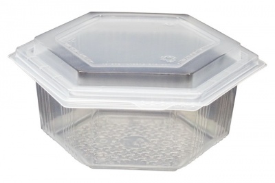 Recipiente plástico transparente hexagonal com tampa
