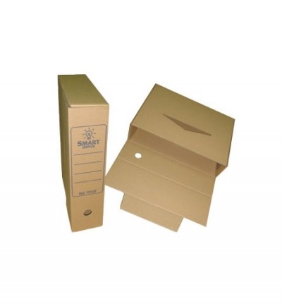 Caixas arquivo em cartão castanho com texto SMART OFFICE