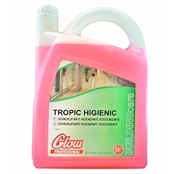 Frasco rosa translúcido de 5L de detergente desodorizante TROPIC HIGIENIC da Glow Professional