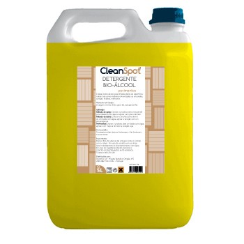 Bidão amarelo de detergente CleanSpot com tampa azul e etiqueta branca.