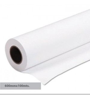Rolo de papel branco com texto de dimensões 600mmx100mts