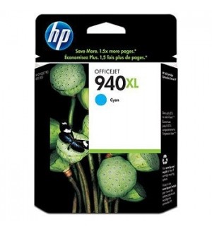 Cartucho de tinta HP Officejet 940XL ciano na embalagem preta com imagem de plantas
