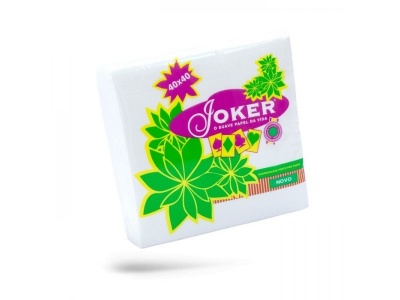 Pacote de guardanapos Joker com folhas verdes e texto em roxo