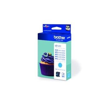 Embalagem de cartucho de tinta Brother LC123C azul com imagem de cupcake