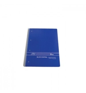 Caderno azul com espiral e texto 'BLOCO ESPIRAL'