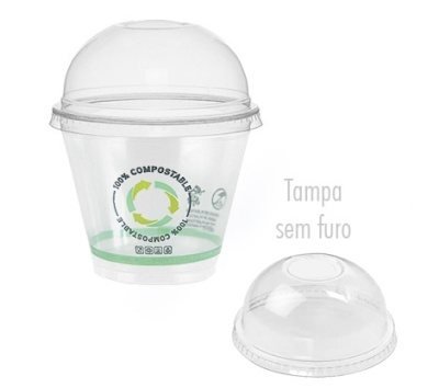Copo plástico transparente com tampa tipo cúpula e tampa adicional sem furo