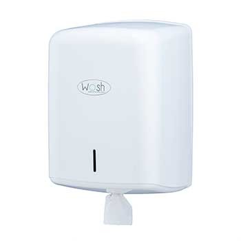 Dispenser branco de papel para mãos com texto Wash