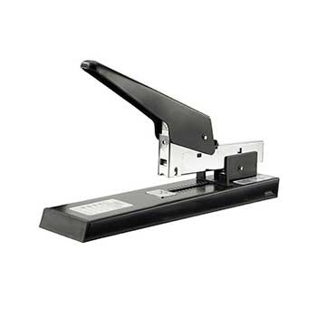 Estapler preto e prateado com base alongada e alavanca para grampear