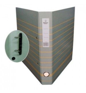 Pasta arquivo cinza com linhas amarelas e argolas metálicas visíveis