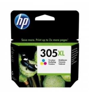 Cartucho de tinta HP 305XL tri-color em embalagem preta com detalhes em verde e azul